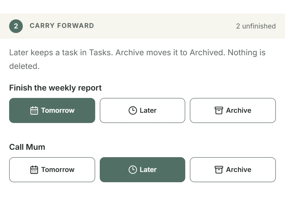 The end-of-day review deciding what to carry forward: one task sent to Tomorrow, one kept for Later, and Archive offered beside both.