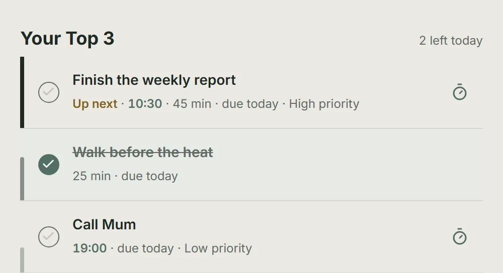 The Today list: three planned tasks with one ticked off, the first marked Up next.