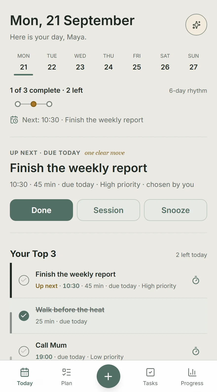 The Today screen: three planned tasks with one ticked off, the first marked Up next, and the app's tab bar below.