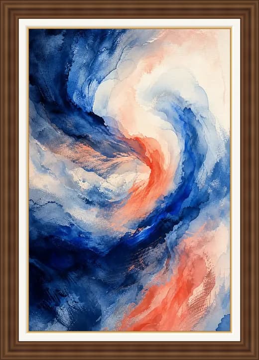 Current tier Dayprint with layered blue and coral movement in a deep walnut frame.