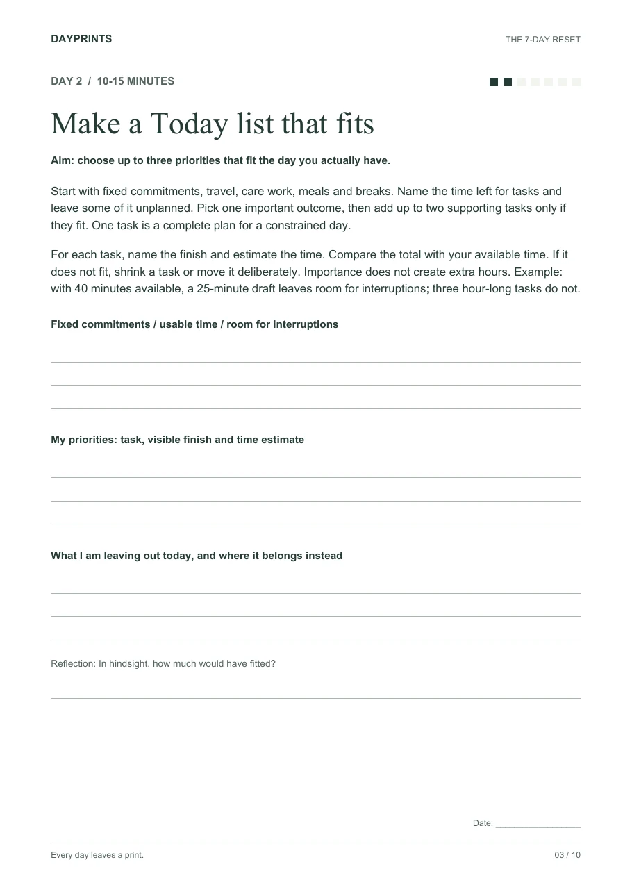 Day 2 worksheet, Make a Today list that fits, with writing lines for available time, priorities and what to leave out.