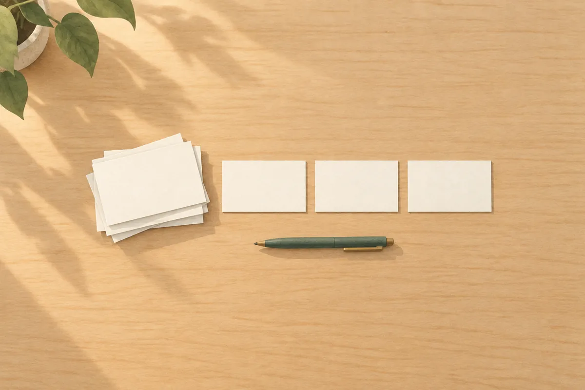 Illustration of a desk seen from above, with a loose pile of index cards on one side and three cards set out in a row beside it