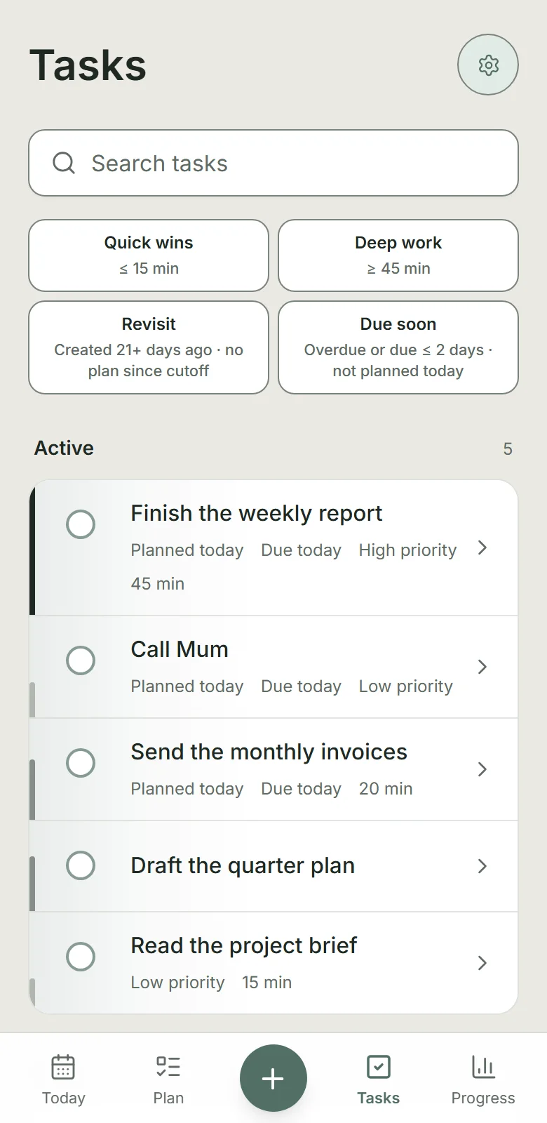 Tasks with search, Quick wins, Deep work, Revisit and Due soon lenses, and five active tasks showing planned dates, deadlines, estimates and priority marks